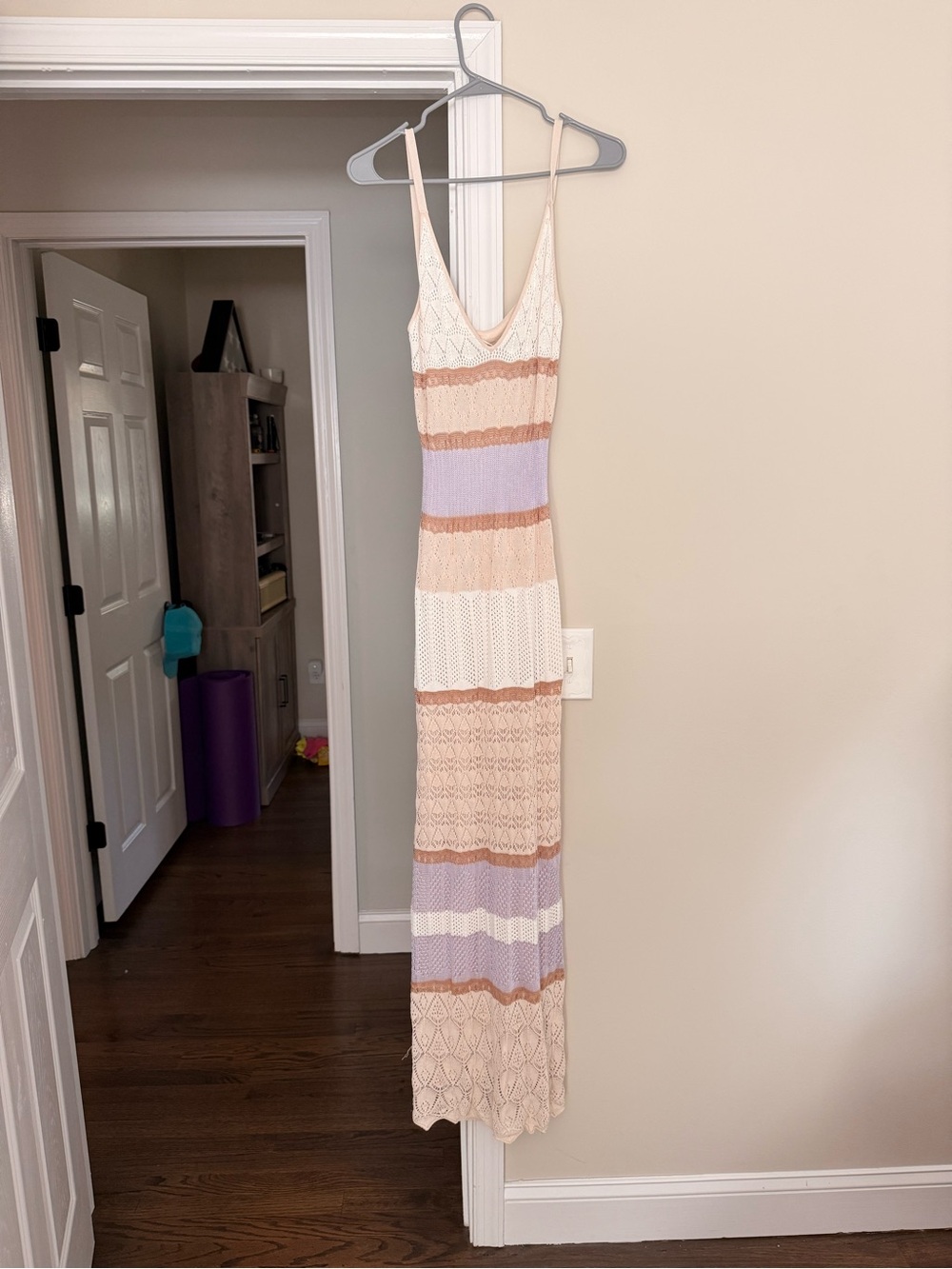 Torn by Ronny Kobo Striped Crochet Maxi Dress in Cream, Peach & Lavender